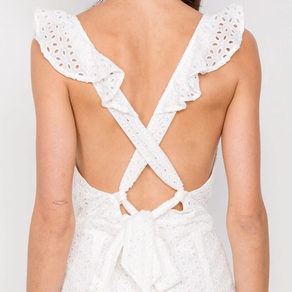 White Eyelet 100% Cotton Open Back Ruffle Romper - Picture 5 of 8